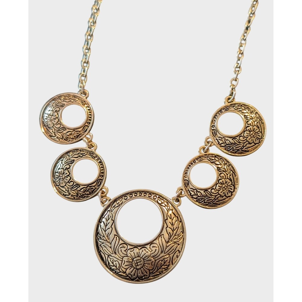 Statement Bib Necklace Gold Tone Metal Etched Floral Medallion Boho 90s
